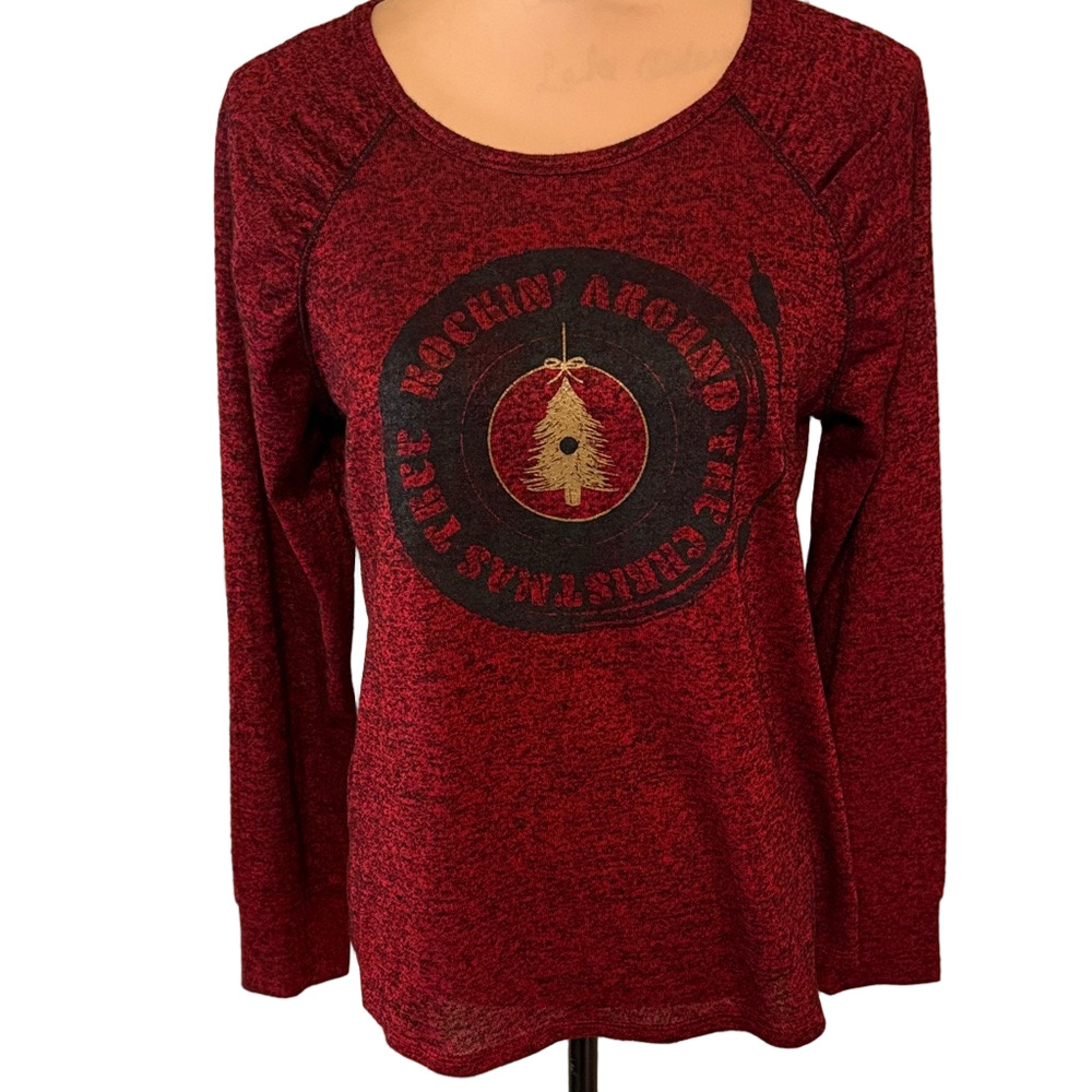 Cato Women's Red And Black Christmas Long Sleeve Top